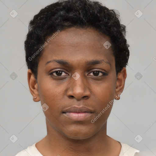 Neutral black young-adult female with short  black hair and brown eyes