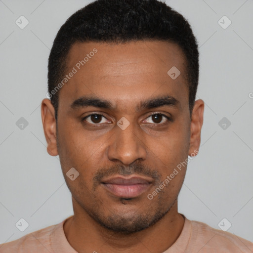 Neutral black young-adult male with short  black hair and brown eyes
