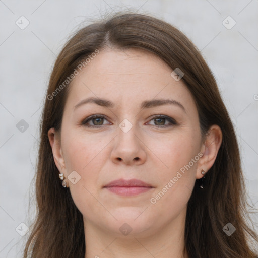 Joyful white young-adult female with long  brown hair and grey eyes