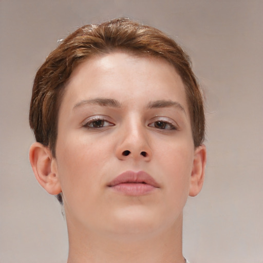 Neutral white young-adult female with short  brown hair and brown eyes