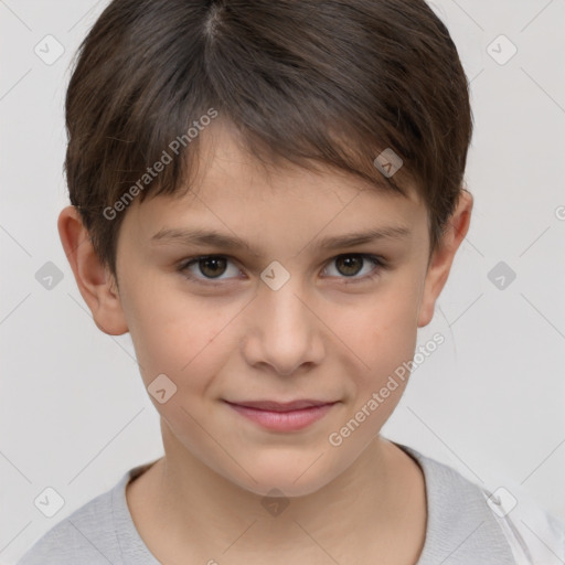 Joyful white child female with short  brown hair and brown eyes