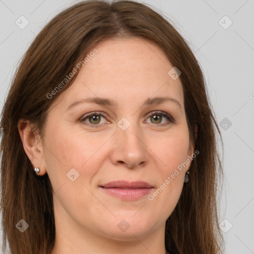 Joyful white young-adult female with long  brown hair and green eyes