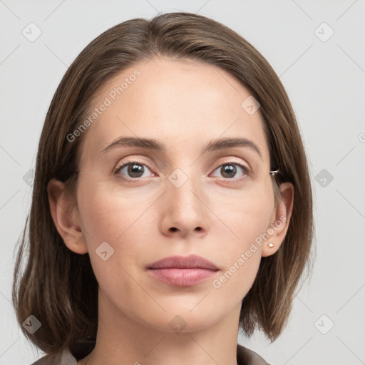 Neutral white young-adult female with medium  brown hair and grey eyes