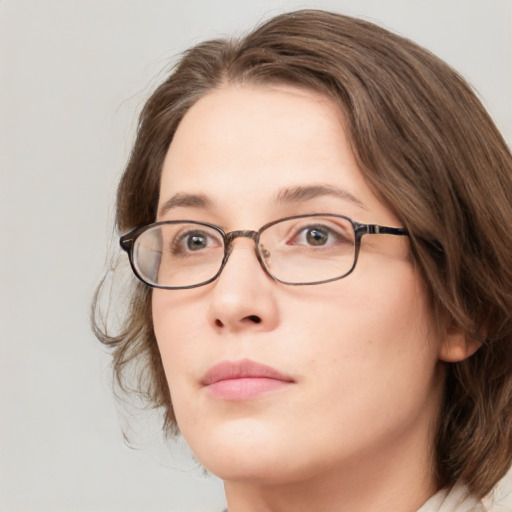 Neutral white young-adult female with medium  brown hair and green eyes