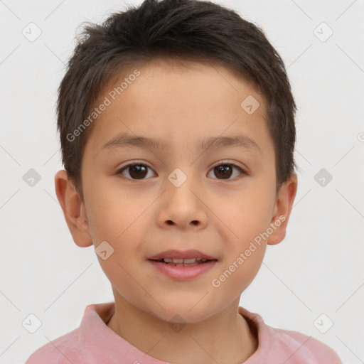 Joyful white child male with short  brown hair and brown eyes