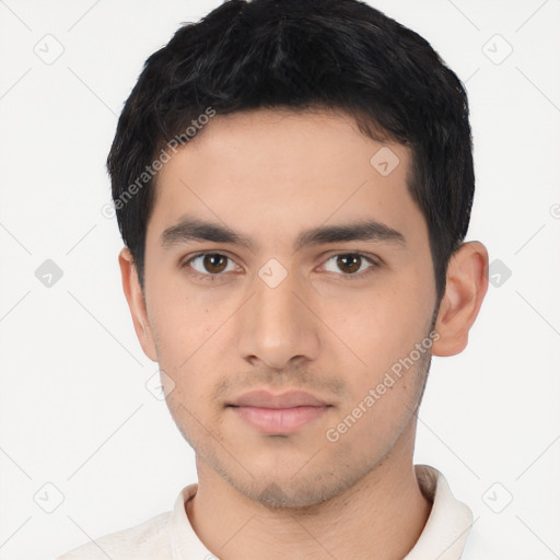 Neutral asian young-adult male with short  black hair and brown eyes