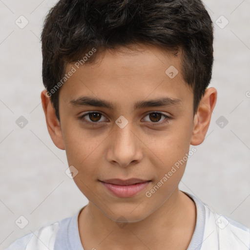 Joyful white child male with short  brown hair and brown eyes