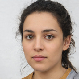 Neutral white young-adult female with medium  brown hair and brown eyes