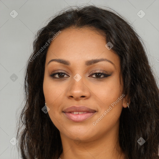 Joyful latino young-adult female with long  brown hair and brown eyes