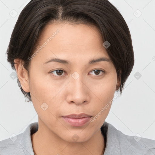 Neutral white young-adult female with medium  brown hair and brown eyes