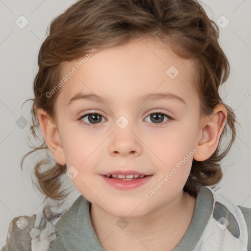 Joyful white child female with medium  brown hair and brown eyes