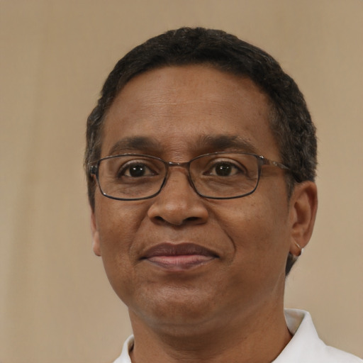 Joyful black adult male with short  brown hair and brown eyes