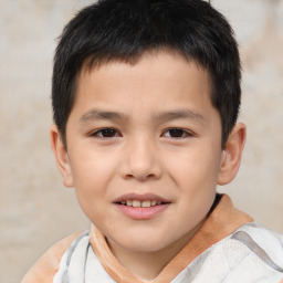 Joyful asian child male with short  brown hair and brown eyes