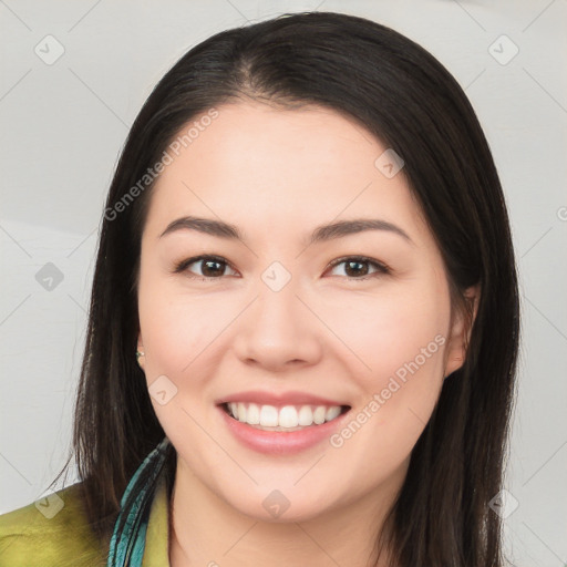 Joyful white young-adult female with long  brown hair and brown eyes