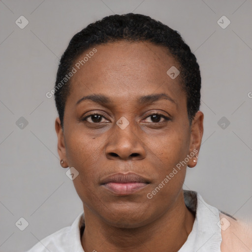 Neutral black adult female with short  black hair and brown eyes