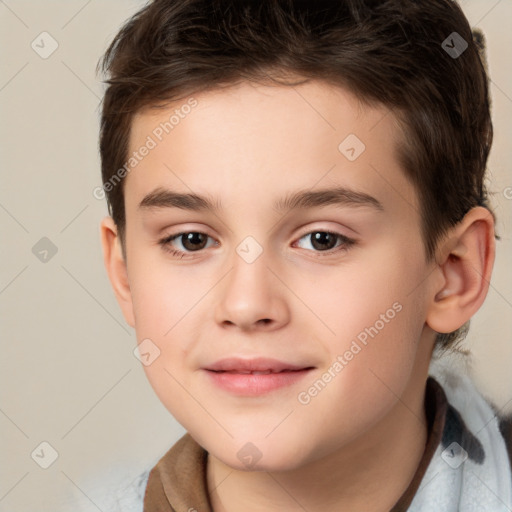 Joyful white child male with short  brown hair and brown eyes