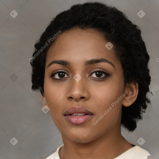 Neutral latino young-adult female with short  black hair and brown eyes