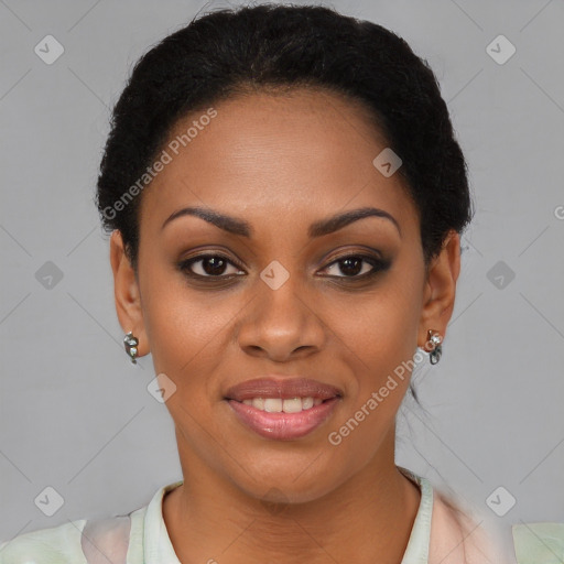 Joyful latino young-adult female with short  black hair and brown eyes