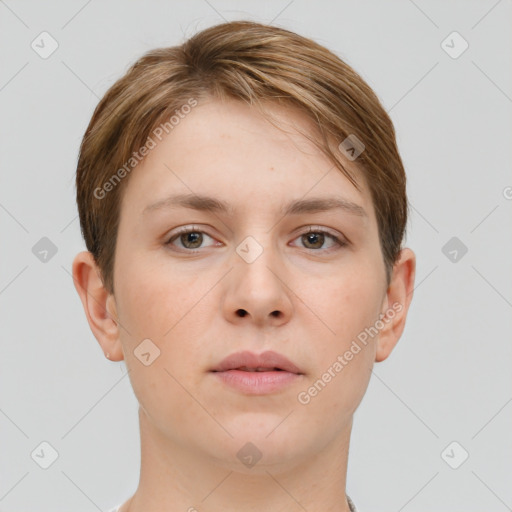 Neutral white young-adult female with short  brown hair and brown eyes