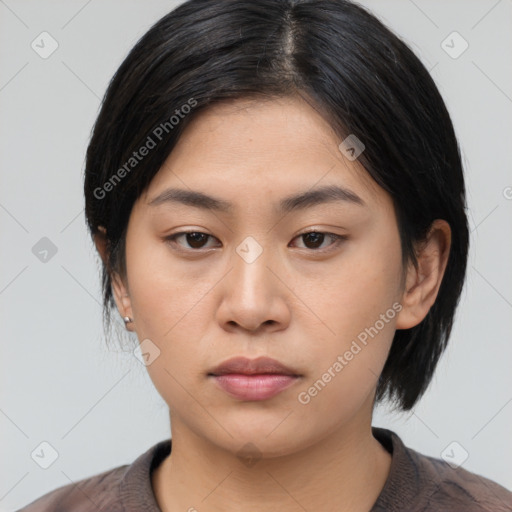 Neutral asian young-adult female with medium  black hair and brown eyes