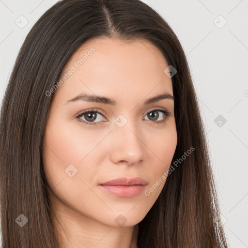 Neutral white young-adult female with long  brown hair and brown eyes