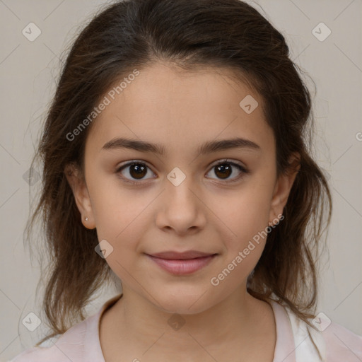 Joyful white child female with medium  brown hair and brown eyes