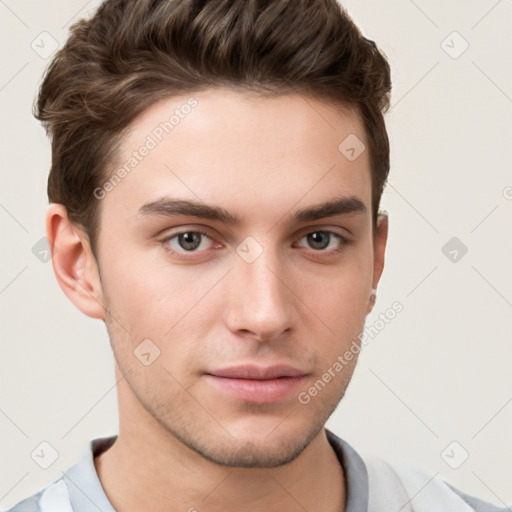 Neutral white young-adult male with short  brown hair and brown eyes