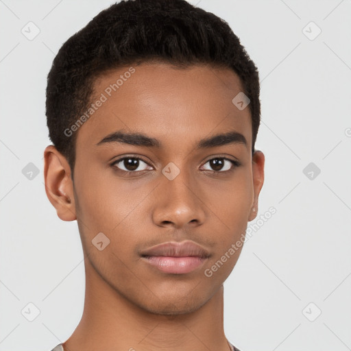 Neutral latino young-adult male with short  brown hair and brown eyes