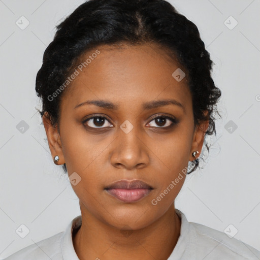 Neutral black young-adult female with short  black hair and brown eyes