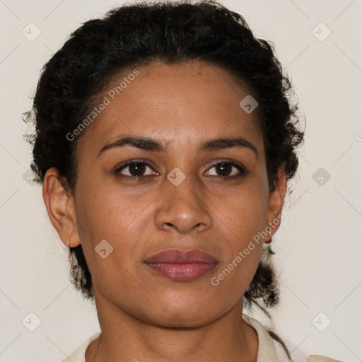 Joyful latino young-adult female with short  brown hair and brown eyes