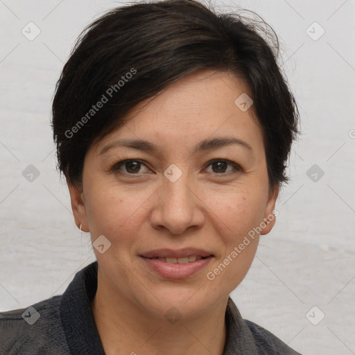 Joyful white adult female with short  brown hair and brown eyes