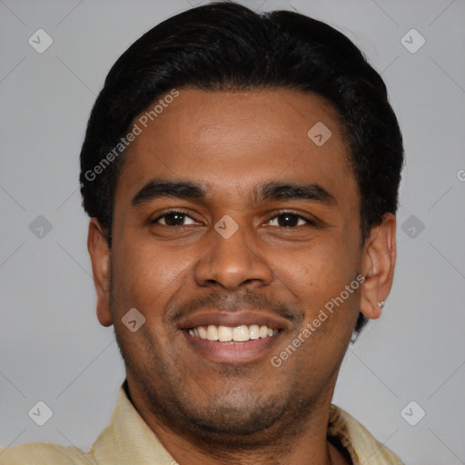 Joyful latino young-adult male with short  black hair and brown eyes