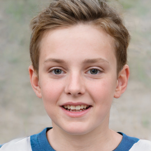 Joyful white child female with short  brown hair and grey eyes