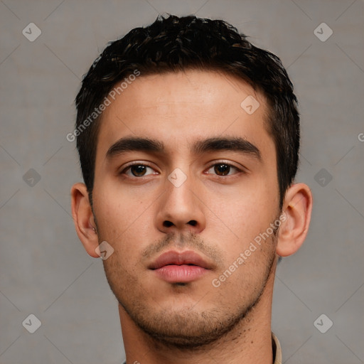 Neutral white young-adult male with short  brown hair and brown eyes