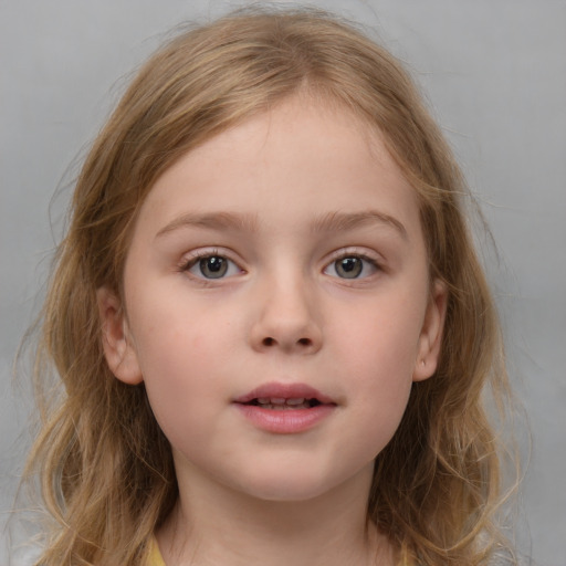 Neutral white child female with medium  brown hair and blue eyes