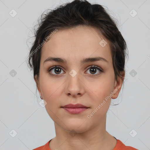 Neutral white young-adult female with short  brown hair and brown eyes