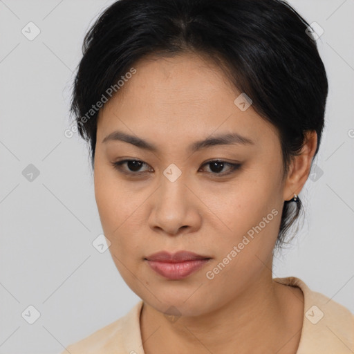 Neutral asian young-adult female with medium  brown hair and brown eyes