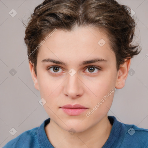 Neutral white young-adult female with short  brown hair and brown eyes