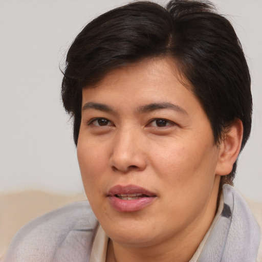Joyful asian adult female with short  brown hair and brown eyes