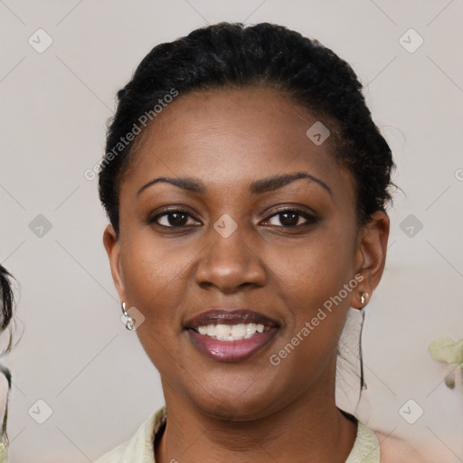 Joyful latino young-adult female with medium  black hair and brown eyes