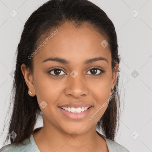 Joyful black young-adult female with medium  brown hair and brown eyes