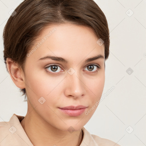 Neutral white young-adult female with medium  brown hair and brown eyes