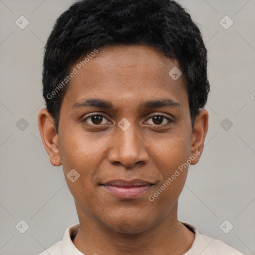 Joyful black young-adult male with short  black hair and brown eyes