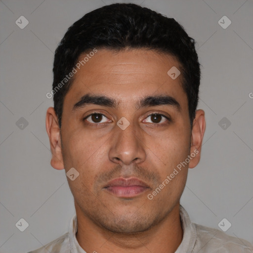 Neutral latino young-adult male with short  black hair and brown eyes