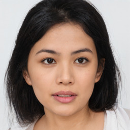 Neutral asian young-adult female with medium  brown hair and brown eyes