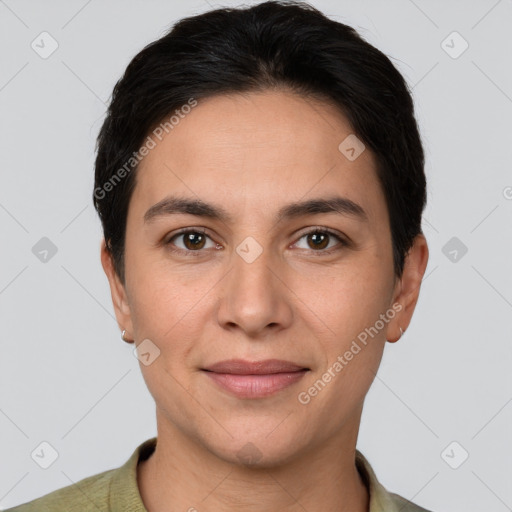 Joyful white young-adult female with short  brown hair and brown eyes