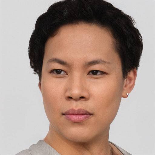 Neutral asian young-adult male with short  brown hair and brown eyes