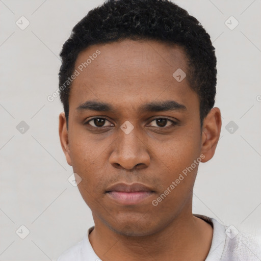 Neutral black young-adult male with short  black hair and brown eyes