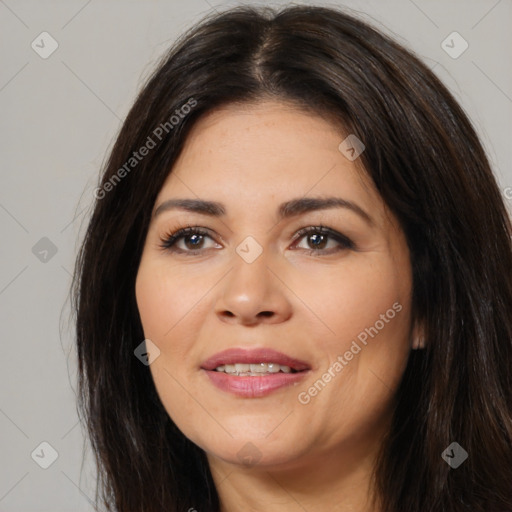 Joyful white young-adult female with long  brown hair and brown eyes