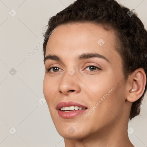 Joyful white young-adult female with short  brown hair and brown eyes